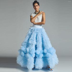 Jupes oniriques ciel bleu tulle garniture florale a-ligne mariée à lacets ceinture moelleux tutu à plusieurs niveaux jupe longue femme maxi