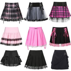 Faldas E-girl Gothic Lace Mini plisado cuero raya Mujer Punk Y2K Estética Cintura alta A-line Short Leather Stripe 90s Retro Harajuku Street Clothing 230718