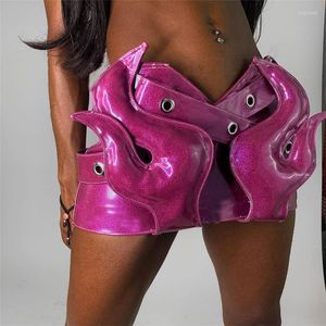 Jupes Echoine Design métallique irrégulière taille basse Mini jupe Rose rouge Streetwear femmes mode courte Y2K fête Clubwear été