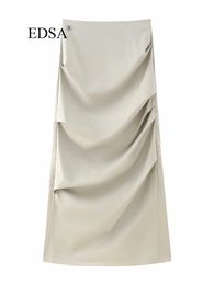 Rokken EDSA Vrouwen Elegante Kaki Geplooide Midi Rok 2023 Hoge Taille Terug Split Bij Zoom Metalen Zip Bodycon Vrouwelijke 230322