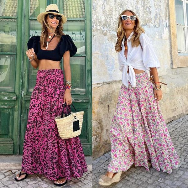 Jupes Élastique Taille Haute Longue A-Line Jupe Floral Femmes Casual Beach Party Faldas Femme Boho Vacances Maxi