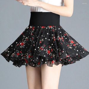 Jupes élastiques taille haute Swing Floral mousseline de soie noir plissé court femmes Kawaii japonais école fille Mini jupe Skorts C474