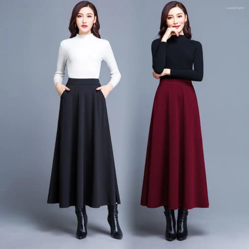 Kjolar elastiska midja stora fickfickor koreansk stil midi kjol höst vinter dam fast färg hög a-line lång kvinna