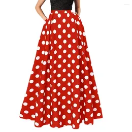 Jupes taille élastique jupe élégante femme haute maxi avec couleur correspondant à pois imprimé a-ligne silhouette poches latérales pour le bal