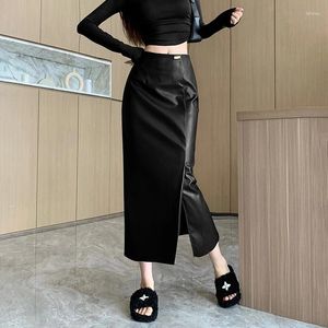 Jupes élégantes en cuir PU noir jupe moulante automne hiver mode taille haute minceur midi avec fente latérale