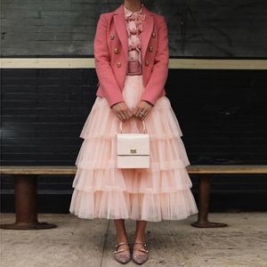 Rijren elegante blush roze midi tule rok gelaagde ruches enkel lengte dames