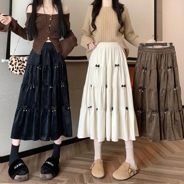 Jupes élégantes jupe en velours pour femmes 2024 automne hiver coréen vintage patchwork une ligne taille haute midi longue femme dames