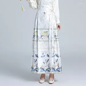 Rokken Elegante Chinese Stijl Gedrukt Lange Geplooide Paardengezicht Rok Vrouwen Chic Hoge Taille Losse Bandage Maxi Lente Zomer 2401