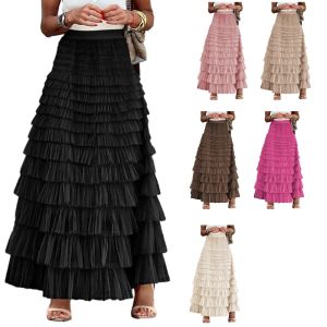 Jupes élégantes fée Tulle jupe à plusieurs niveaux une ligne Maxi jupe pour les femmes élastique taille haute maille à volants couches jupe longue Streewear