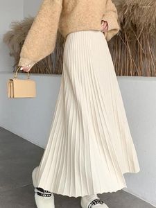 Rokken Elegante Mode Hoge Taille A-lijn Dames Koreaanse Gebreide Lange Vrouwen Herfst Winter Warm Geplooide Maxi Rok Vrouwelijke