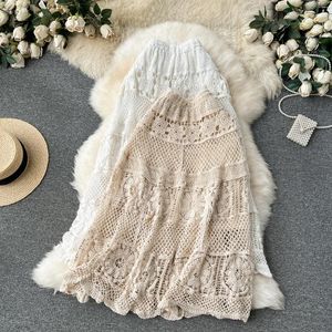 Jupes élégantes en dentelle à la mode Crochet jupe élastique Double couche longue du printemps d'été féminine blanc