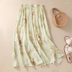 Jupes Elegant fashantn cotton lin ramie jupe élastique taille double couche longue printemps d'été pour femmes