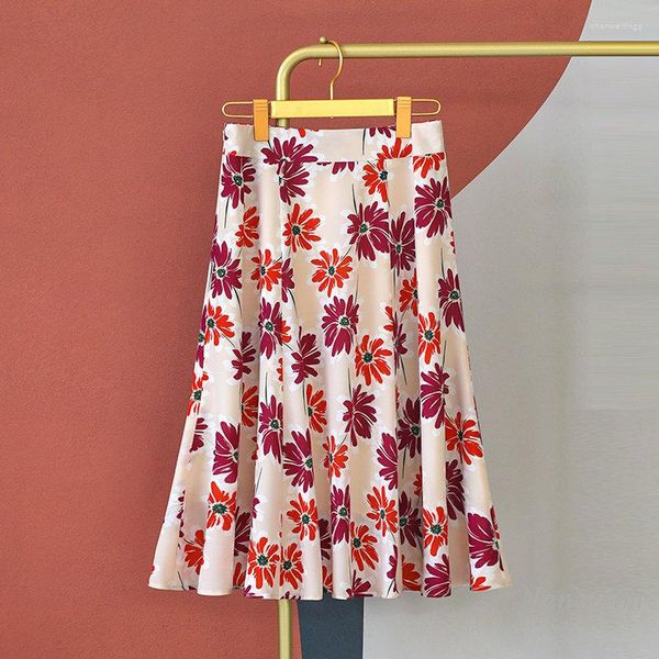 Faldas Falda de gasa floral elegante Mujer Verano Midi Longitud 2023 Patrón de dama joven Estampado plisado A-Line Street