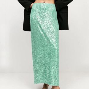 Rokken Elegante Groene Lovertjes Maxi Voor Vrouwen Sexy Hoge Taille Spleet Club Party Outfits Fashion Casual Lange 2024