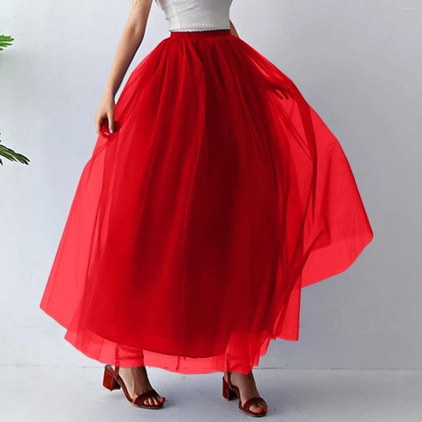 Faldas elegante cintura alta vestido de bola gasa tutu falda mujer moda largo vestido adulto malla medio color sólido