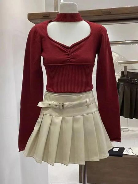 Saias elegante cintura alta para mulheres streetwear moda coreana vintage sólido magro mini 2023 outono inverno