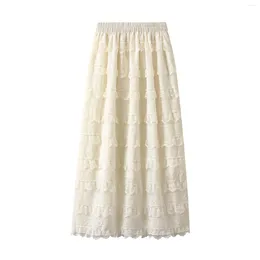Faldas elegantes en capas de encaje para mujeres damas color sólido bandera elástica envoltura midi 2024 primavera verano