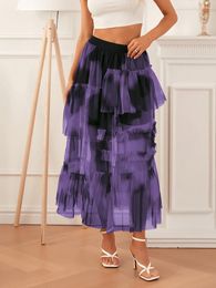 Rokken Elegante Lange Tule Rok Vrouwen Tie-Dye Print Onregelmatige Ruches Franje A-lijn Tutu Taart Voor Party Office Wear