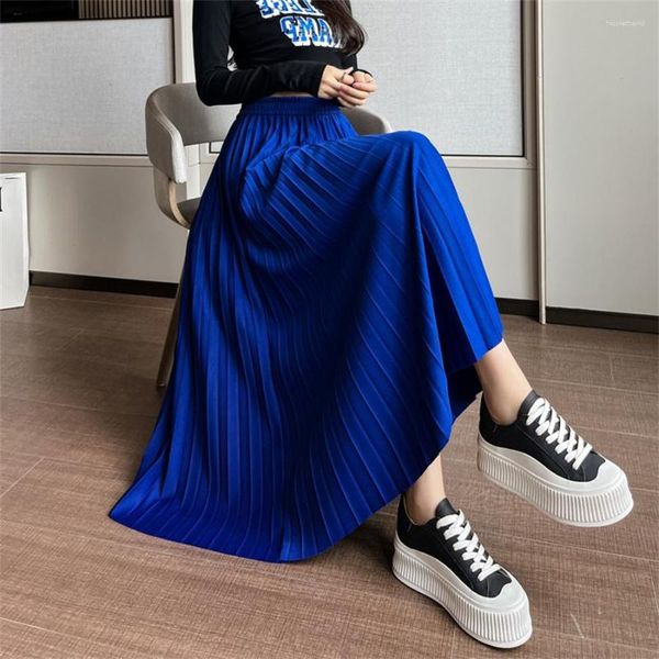 Faldas largas elegantes para mujer sólido plisado Midi cintura elástica Maxi falda moda coreana negro Jupe Longue Femme