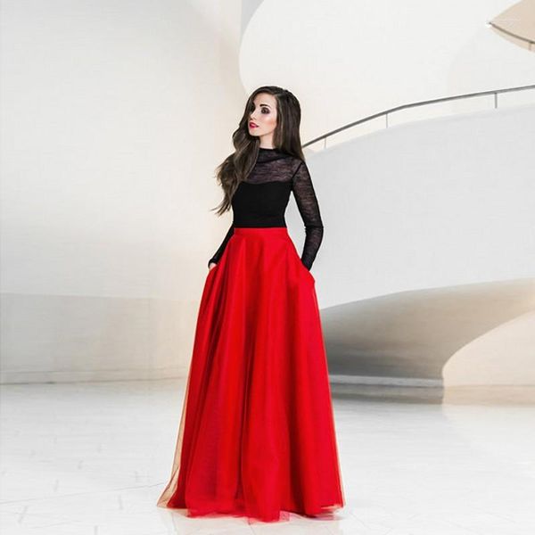 Faldas Elegante Maxi Falda De Tul Con Bolsillos Cintura Alta Larga Roja Mujeres Tutu Formal Fiesta De Graduación Drapeada