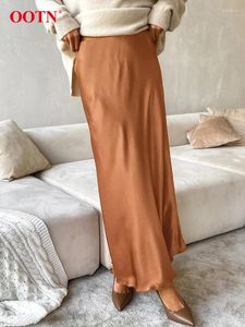 Jupes élégantes Orange longue trompette bureau Satin taille haute jupe femmes automne Streetwear fermeture éclair longueur cheville 2024