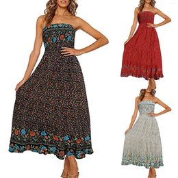 Faldas elegantes vestidos de verano para mujer 2022 Casual estampado Floral bohemio sin tirantes sin mangas con volantes vestido de playa señoras Maxi para