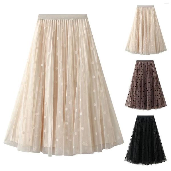 Jupes élégantes Tulle femmes taille haute à pois maille plissée jupe midi coréen élastique lâche décontracté solide Tutu une ligne