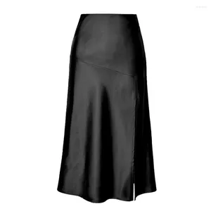 Faldas Mujer Elegante Cintura Alta Satén Una Línea Falda Color Sólido Hendidura Larga