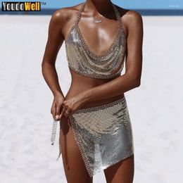 Jupes élégantes Chaîne de chaîne de figure pour femmes Pullover Beach Vacation Two-Piece Set avec un costume de nombril à col en V brillant en V