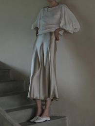 Faldas Faldas elegantes para mujer Moda coreana Falda acampanada de seda satinada Oficina Negro Champán Faldas largas de verano Moda para mujer 231031