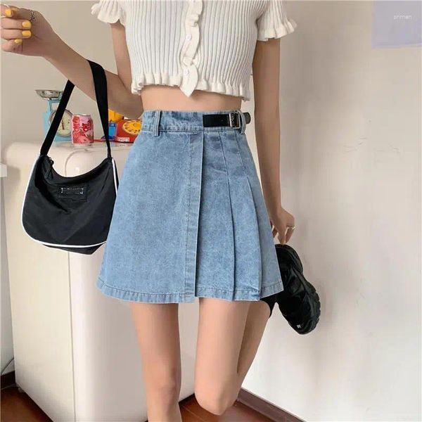 Faldas elegantes de verano para mujer, Mini falda acampanada de cintura alta de vaquero liso azul, fajas sexis, moda coreana Chic informal Kawaii