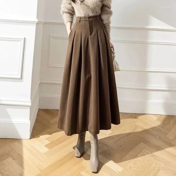 Faldas elegantes mujeres lana para bolsillos femeninos Oficina de damas Casual Lo suelto A-Línea High Winist Midi Falda 2024 Otoño Invierno