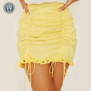 Jupes élégantes en dentelle jaune, Mini jupe pour femmes, taille haute, fermeture éclair au dos, bas froncés, Streetwear, été 2021