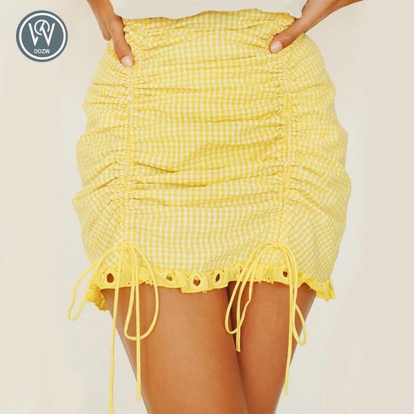 Minifalda elegante con ribete de encaje amarillo para mujer, cintura alta, cremallera trasera, ropa de calle fruncida, pantalones 2021