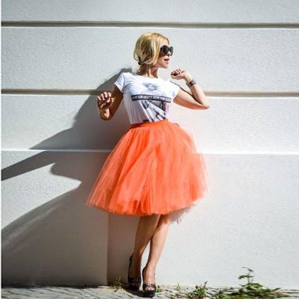 Faldas estilo inglés Color naranja tul hinchado hasta la rodilla falda tutú rígida elegante para mujer cintura ancha faldas hechas a medida