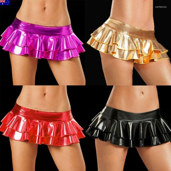 Faldas Est Trendy Color sólido Sexy Casual Mini Falda corta Escuela de baile Plisado Cintura alta Tight Club Party Dress Shiny Clubwear