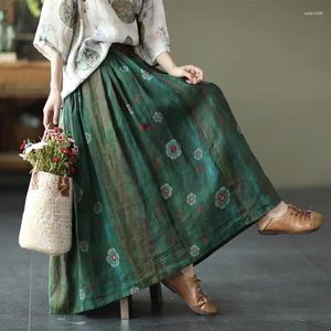 Jupes de style ethnique de style rétro de ramie d'été florale imprimée Bohemian Big Swing Long For Women Midi Faldas Para