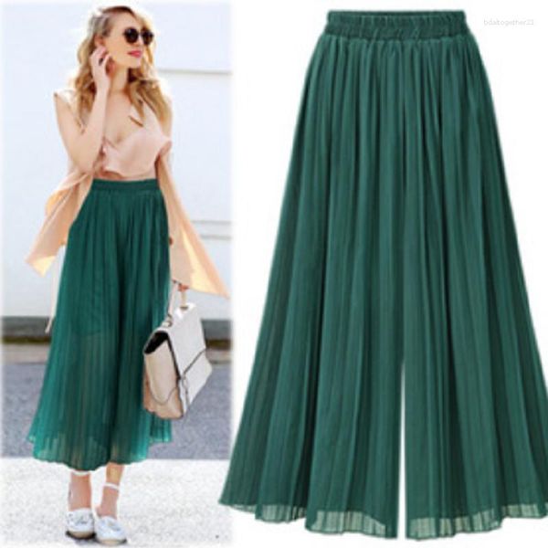 Faldas Europeo Americano Primavera Y Verano Estilo De Mujer Malla Gasa Media Longitud Hakama Media Longitud Color Sólido Pliegues Pantalones Swing