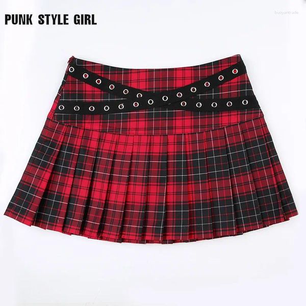 Jupes Oeillet Vintage Plaid Imprimer Mini Jupe Plissée Femme Rouge Taille Basse Gothique Harajuku Y2k 2000s 2024