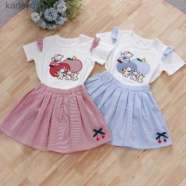 Faldas F Familia Niños Summer NUEVA Niños para niños Cartoon Bear Bunny manga de manga corta Camiseta de franja Conjunto de falda YQ231223