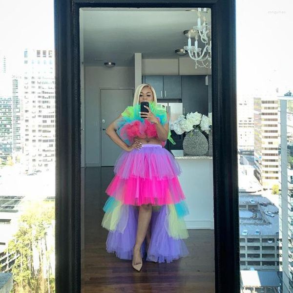 Jupes Mode Hi-Lo Coloré Tutu Jupe Sur Mesure À Plusieurs Niveaux Longue Taille Élastique Tulle Hanche Femmes 2023 Mujer Faldas