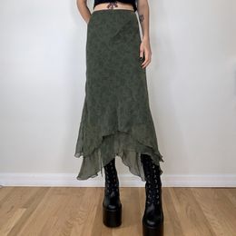 Rokken Fairycore Grunge Green Onregelmatige Midi 2000s Retro Elegant Lady High Taille Ruffles Chiffon Rok Women Vintage Streetwear 230110