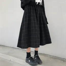 Jupes Falda Style japonais longues femmes 2024 automne hiver Plaid taille haute élastique lâche une ligne jupe plissée Vintage 2 couleurs