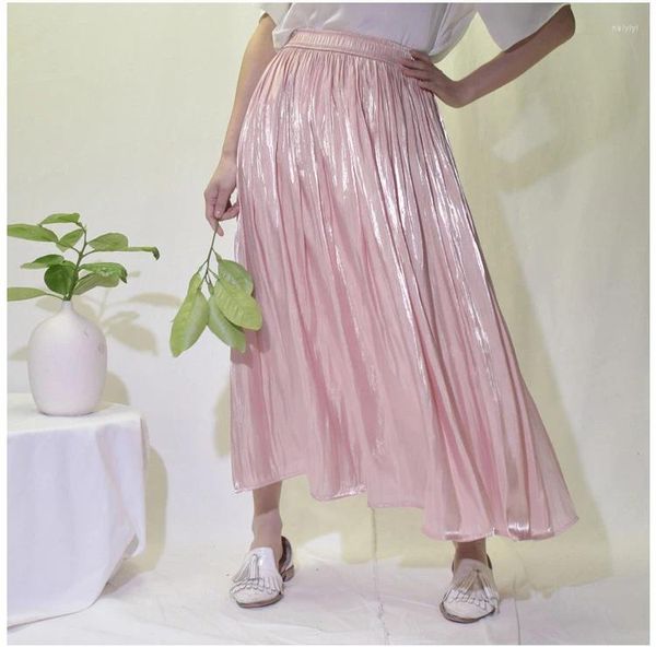 Faldas faldas elegantes sólidas midi plisado falda mujer coreana cintura alta primavera verano damas satin maxi femenina Saia 2024