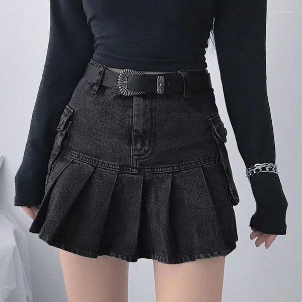 Faldas Punk negro Denim Mini falda plisada mujeres Sexy Grunge cintura alta bolsillo Patchwork una línea Jean E chica ropa de calle