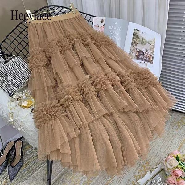 Jupes Automne Hiver Sweet Cake Layered Long Mesh Jupes Princesse Taille Haute À Volants Vintage Tiered Tulle Plissé Ins Jupes 230417