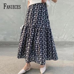 Skirts Fanices Hemage à volants A-Line Big Swing Femmes Long Jupe Elegant Elegant Brodery High Taies Maxi Boho Holiday Streetwear Faldas