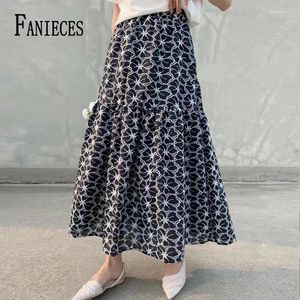 Skirts Fanices Hemage à volants A-Line Big Swing Femmes Long Jupe Elegant Elegant Brodery High Taies Maxi Boho Holiday Streetwear Faldas