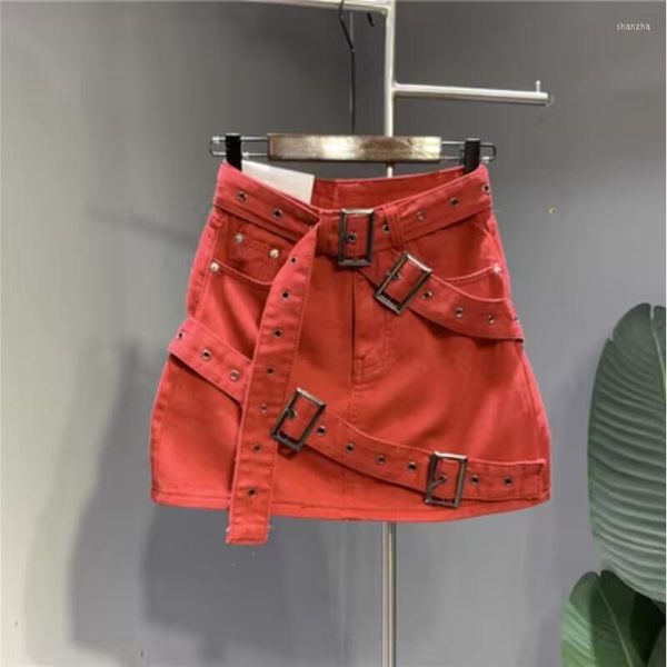 Faldas Moda Correa ajustable Diseño Falda de mezclilla Mujer Color sólido Cintura alta Sexy A-line Mini Jeans 2023 Verano P989