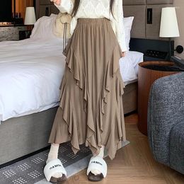 Rokken mode asymmetrische vrouwen lange rok hoge taille ruches gelaagde vrouwelijke casual losse een lijn Koreaanse faldas streetwear t995